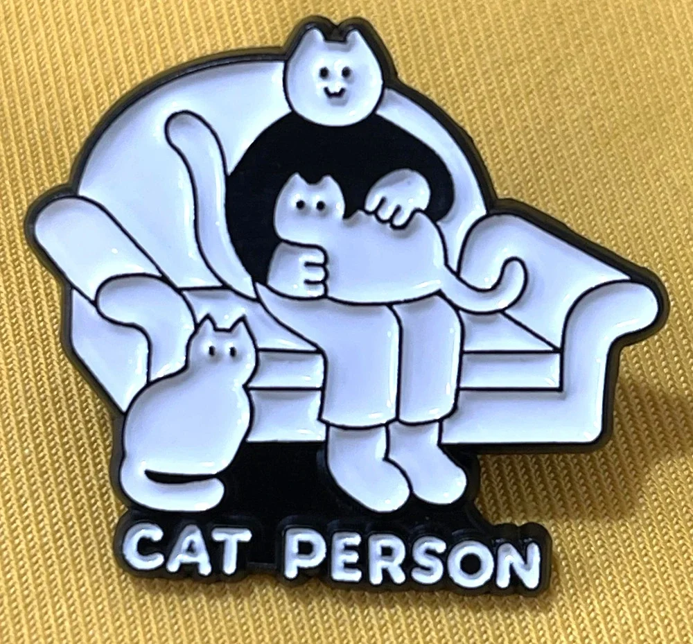 NWOT White Cat Person Lapel Pin Brooch Enamel Sofa Couch Recliner Relax Pets